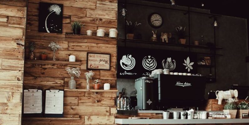 Coffee Shops - Assorted Decors With Brown Rack Inside Store
